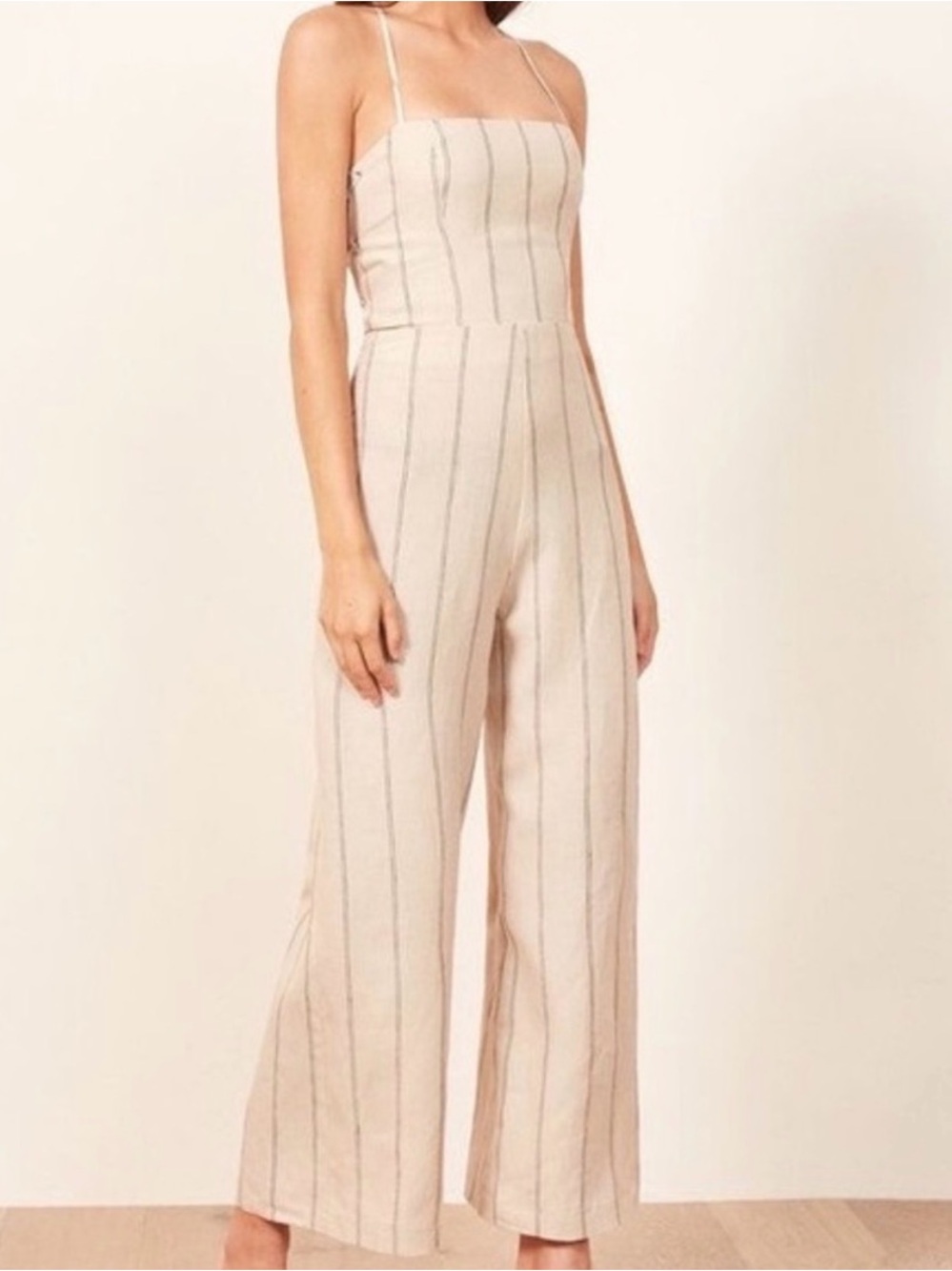 Reformation Cream Jumpsuit with Blue Pinstripes